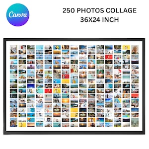 May include: A framed photo collage with 250 images. The black frame surrounds a grid of various photos. The text "250 PHOTOS COLLAGE 36X24 INCH" is at the top. The Canva logo is in the top left corner. The dimensions are 91x61 cm.