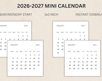 Mini calendario 2026-2027, planificador mensual de 3 x 3 pulgadas (PDF imprimible)