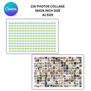 May include: A collage print featuring 216 photos, sized at 36x24 inches. The top print shows a grid of green and blue landscape images. The bottom print displays a collage of various photos. The Canva logo is in the upper left.