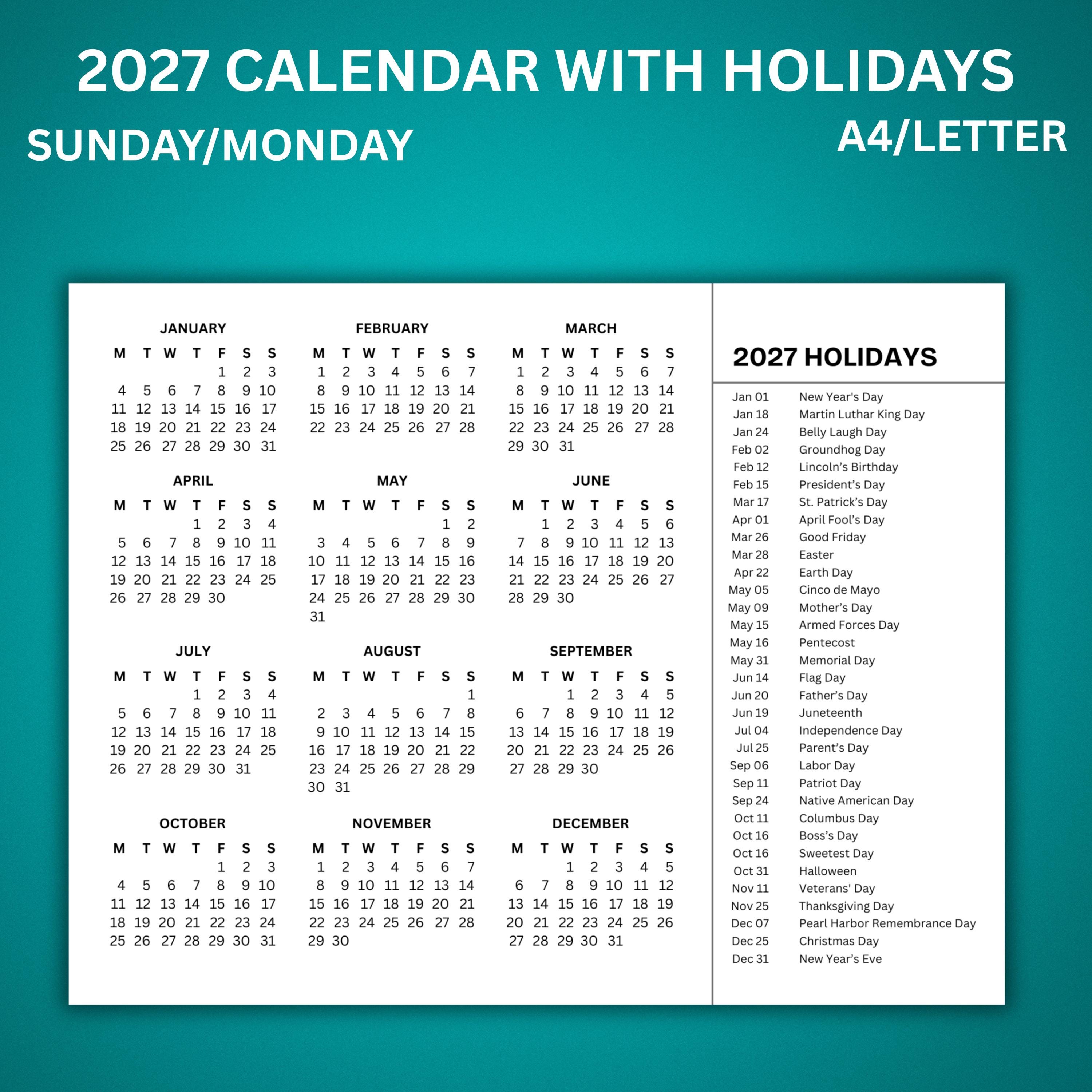 2027 Calendar With Holidays | Printable Desk Organizer (PDF Download, USA Holidays) - Etsy