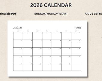 2026 Monatskalender zum Ausdrucken, Sonntag/Montag Start (PDF)