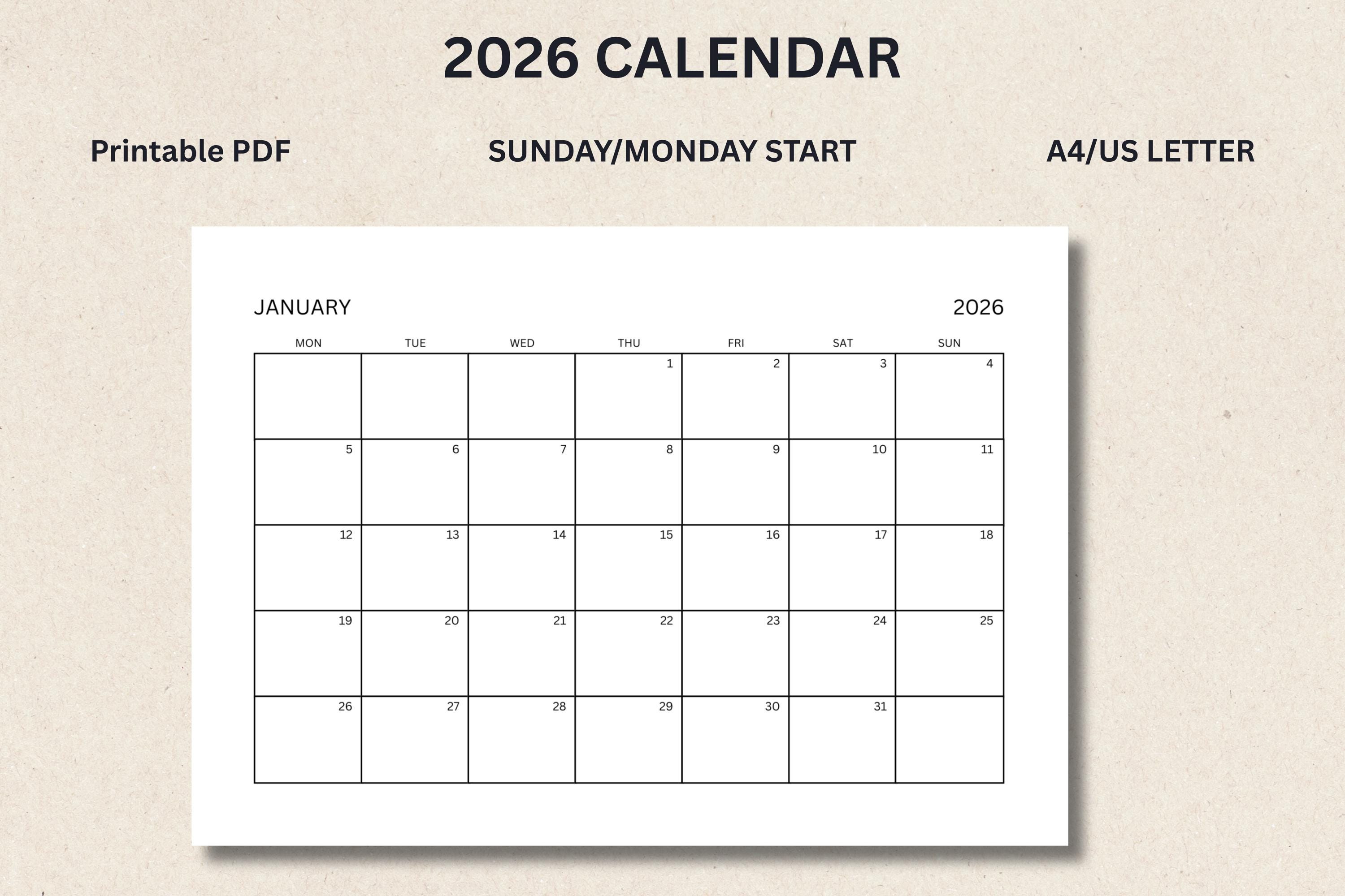 2026 Monthly Calendar Printable, Sunday/monday Start (PDF) - Etsy