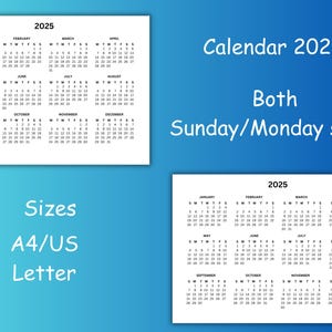 2025 Calendar Printable PDF Instant Download | Sunday/Monday start | A4/US Letter Sizes | Desk Organizer Landscape