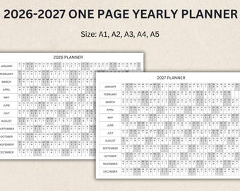 Puede incluir: Un planificador anual de una página para 2026-2027, disponible en tamaños A1, A2, A3, A4 y A5. El planificador presenta un diseño de calendario con meses y días, ideal para la programación y la organización. El texto "2026-2027 ONE PAGE YEARLY PLANNER" está en la parte superior.
