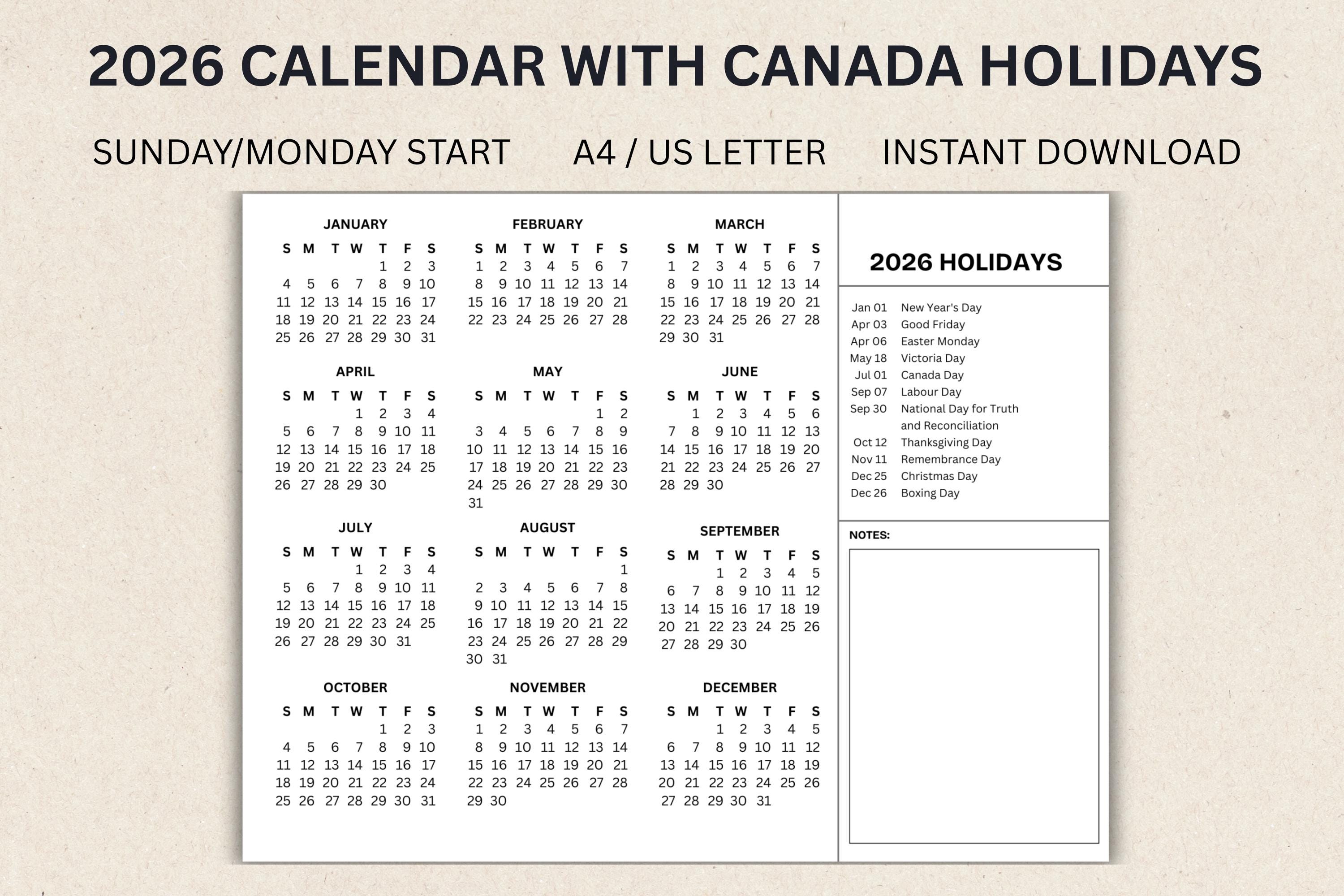 2026 calendar with canada holidays | canadian holidays calendar 2026 |  monday and sunday start pdf download instant printable desk organizer -  etsy australia