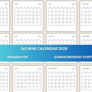 Mini Planner 2026  3x3 Inch 2026 Mini Calendar Monthly 3x3 Planner Insert Printable PDF Elegant 2026 Mini Planner Card 2026 Calendar Cards