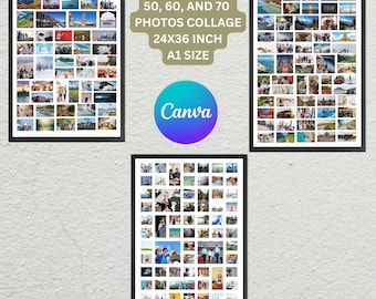 Könnte beinhalten: Drei gerahmte Fotocollagen mit schwarzen Rändern. Die Collagen enthalten 50, 60 bzw. 70 Fotos. Der Text auf dem Bild lautet "50, 60, AND 70 PHOTOS COLLAGE 24X36 INCH A1 SIZE". Ein Canva-Logo ist ebenfalls vorhanden.