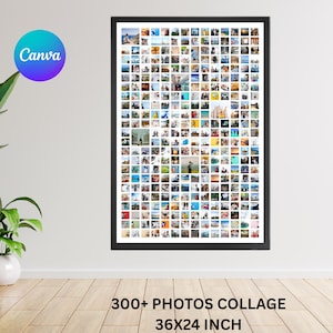 Puede incluir: Un collage de fotos enmarcado con más de 300 fotos. El marco negro rodea una cuadrícula de pequeñas imágenes coloridas. El texto "300+ PHOTOS COLLAGE" y "36X24 INCH" se muestra en la parte inferior. El logotipo de Canva está en la esquina superior izquierda.