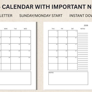 2026 Monthly Planner PDF Printable, Dated Month on 2 Pages, 2026 Calendar, Month At a Glance, A4/ US Letter, Instant Download