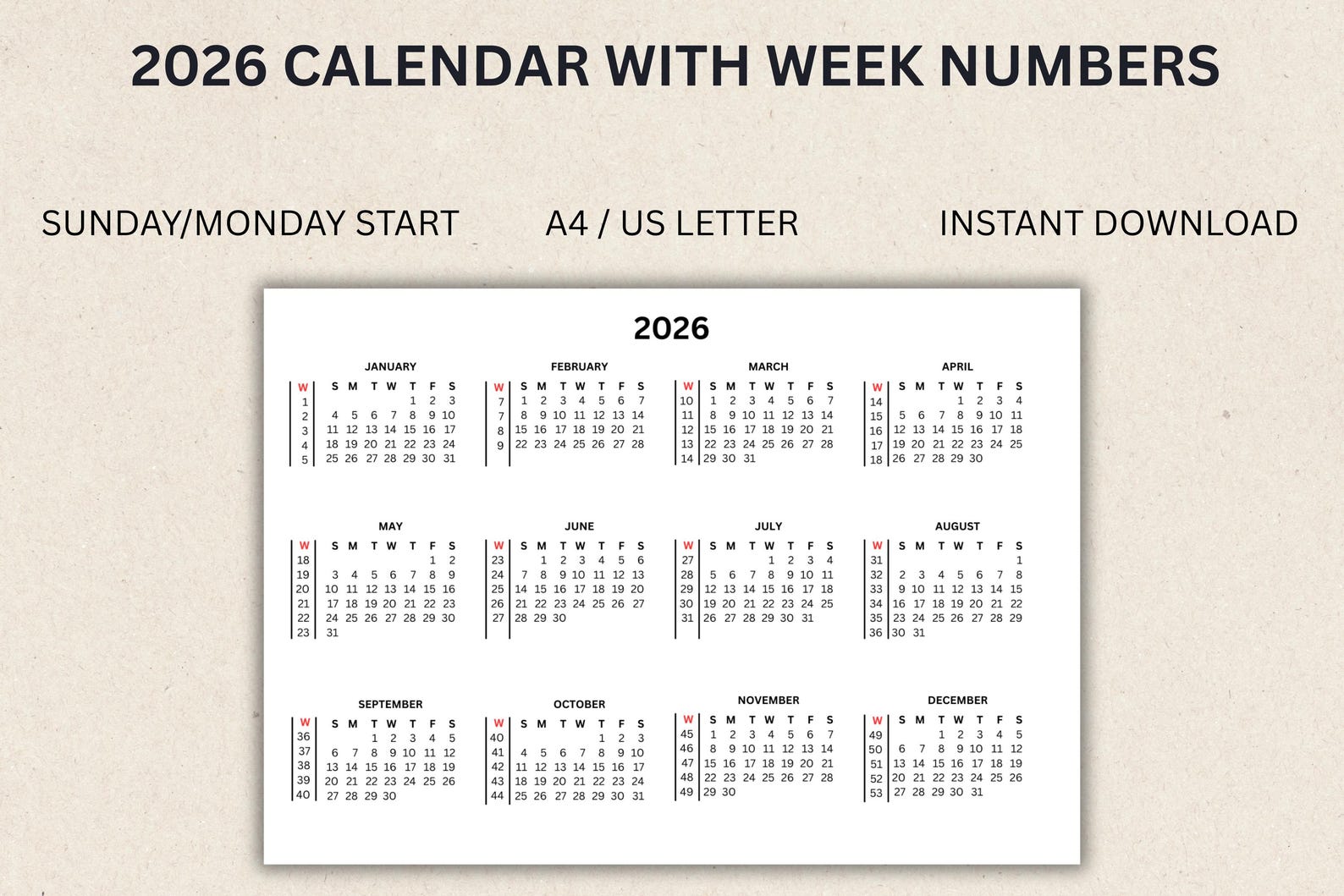 Calendar 2026 With Week Numbers Printable PDF Instant Download | Sunday