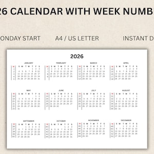 Op de afbeelding: Witte kalender 2026 met weeknummers, startend op zondag/maandag. Ontworpen voor A4/US Letter, direct downloadbaar. De kalender toont het jaar 2026 bovenaan, met maanden en data.