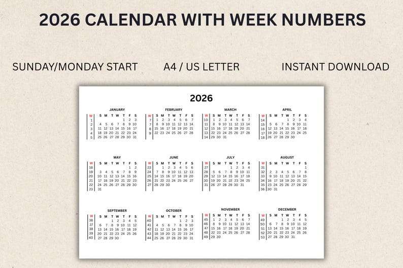 Calendar 2026 With Week Numbers Printable PDF Instant Download | Sunday ...
