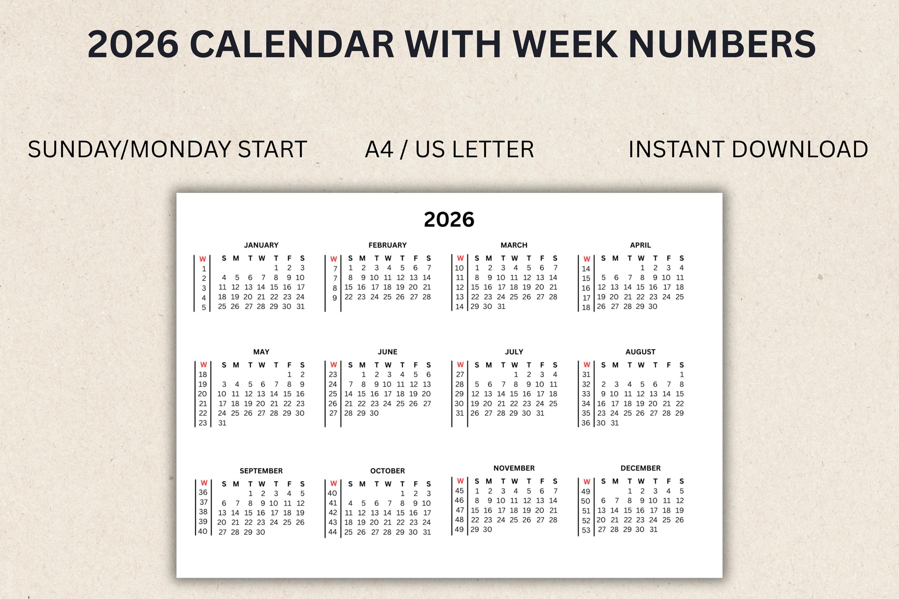 Calendar 2026 With Week Numbers Printable PDF Instant ...