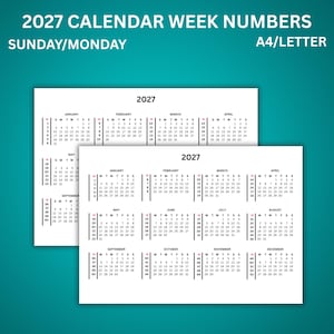 Peut inclure: Calendrier A4/Lettre pour 2027, affichant les numéros de semaine pour dimanche/lundi. Le calendrier présente un fond blanc avec du texte noir, montrant les mois de janvier à décembre. La mise en page de chaque mois est claire.