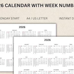 Calendario 2026 con números de semana PDF imprimible Descarga ...