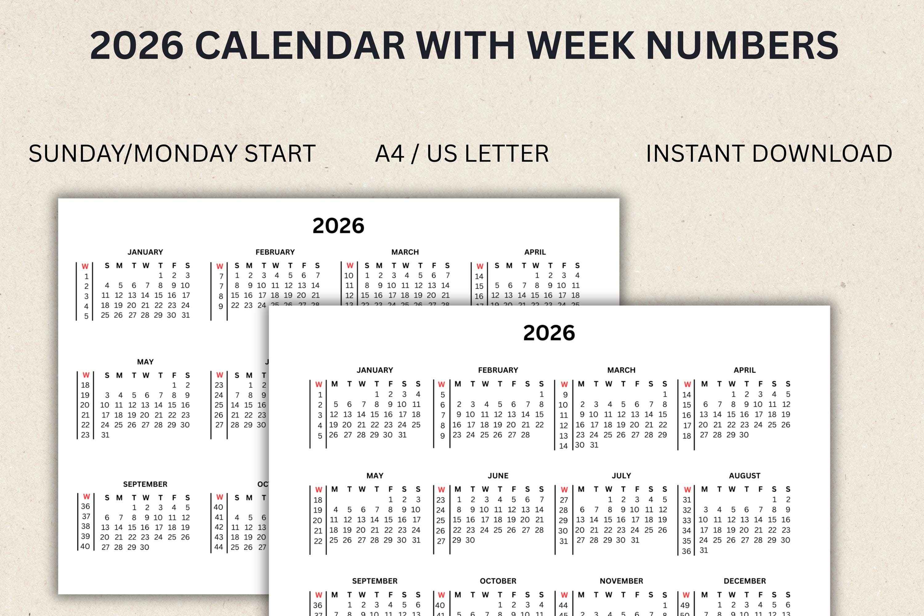 カレンダー・スケジュール B'z WEEKLY & MONTHLY CALENDAR 2026 Calendar 2026 With Week Numbers Printable PDF Instant Download