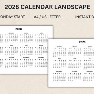 2028 Calendar Printable Instant Download PDF | Sunday and Monday Start | Desk Wall Organiser | A4/US Letter Landscape
