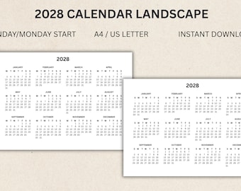 以下が含まれることがあります： 2028年の2つの白い横長カレンダー。カレンダーは黒い文字で印刷されており、日曜/月曜始まりです。上部のテキストは「2028 CALENDAR LANDSCAPE」と「A4 / US LETTER」と書かれています。