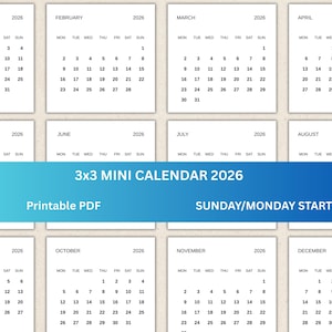 Mini 2026 Calendar  3x3 Inch 2026 Mini Calendar Monthly 3x3 Planner Insert Printable PDF Elegant 2026 Mini Planner Card 2026 Calendar Cards