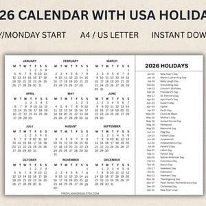 Puede incluir: Calendario 2026 en blanco y negro con festivos de EE. UU., con inicio en domingo/lunes. El calendario, en formato A4/US Letter, está disponible para descarga instantánea. Incluye una lista de festivos.