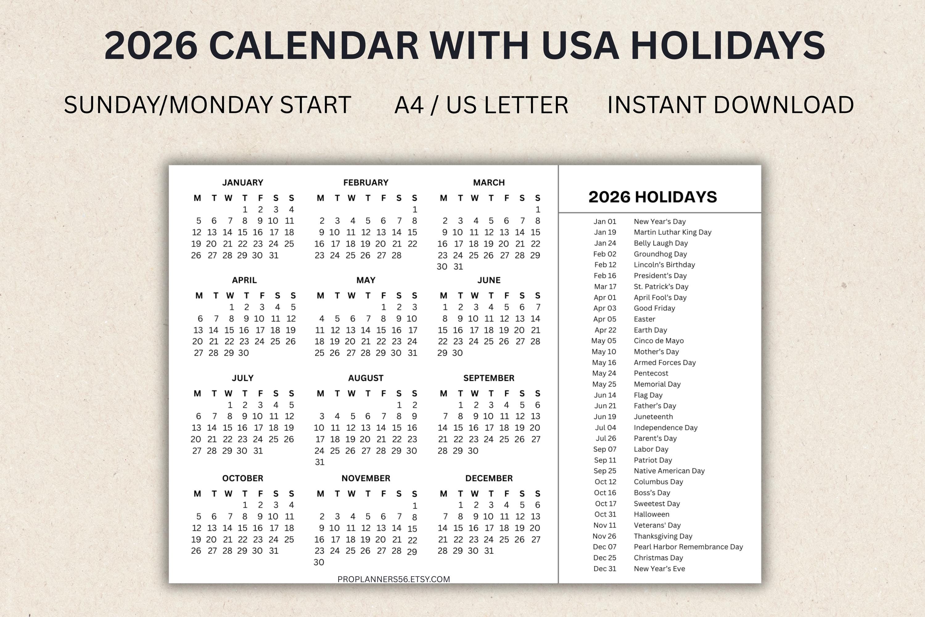2026 USA Holidays Calendar Printable Desk Organizer PDF Download 