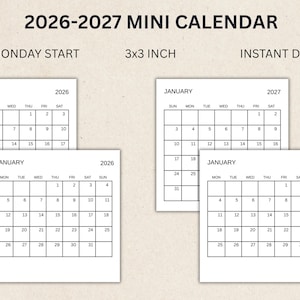 2026-2027 Mini Calendar Monthly 3x3 INCH Planner Insert Printable PDF Elegant 2026 Mini Planner Card 2026 Calendar Cards