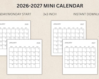 Mini calendrier 2026-2027, 3 x 3 pouces imprimable (téléchargement PDF)