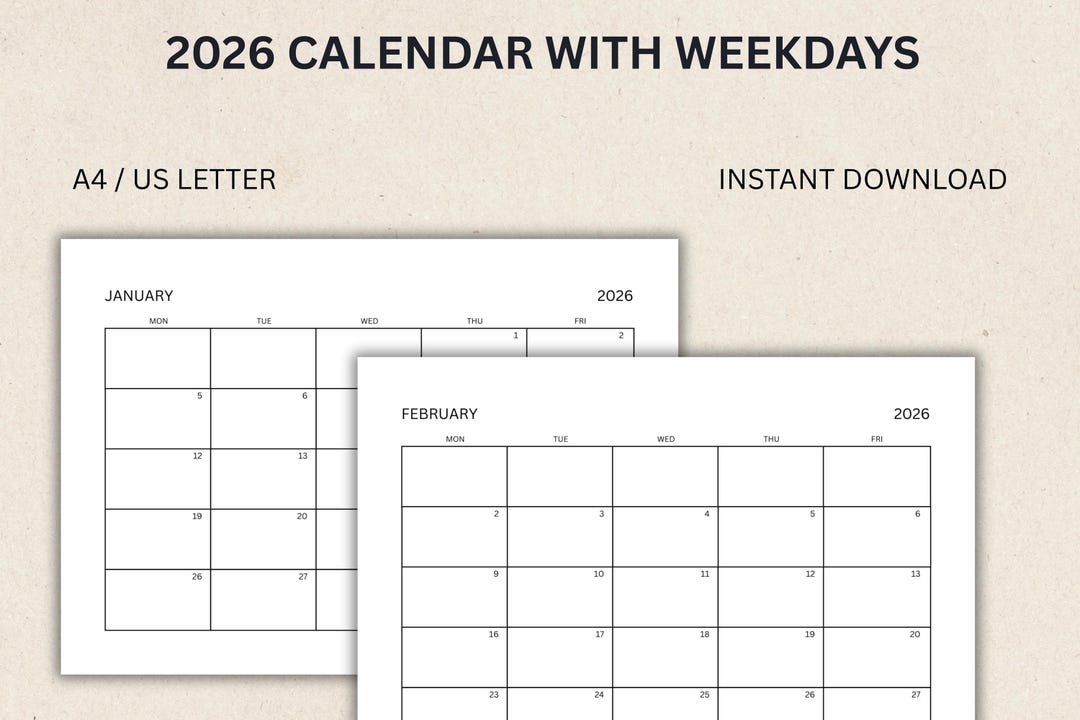 2026 Weekday Calendar Printable | A4, US Letter (PDF) - Etsy