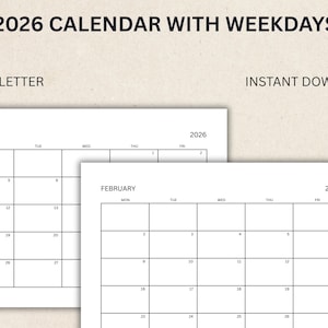 May include: Two white 2026 calendar pages with weekdays are displayed. The top page shows January, and the bottom page shows February. The calendars are labeled A4/US LETTER and INSTANT DOWNLOAD.