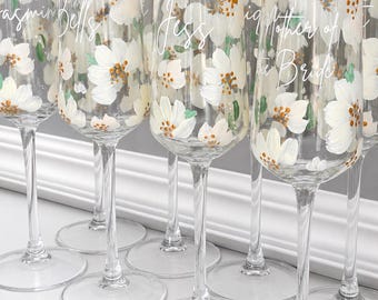 Hand Painted Floral Champagne Flutes | Personalised Bridal Party Glasses