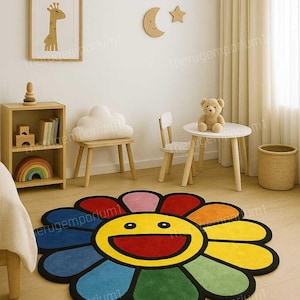 Rainbow Smiley Flower Rug Colorful Tufted Cartoon Rug for Kids Room