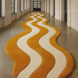 Handmade Wool Tufted Runner Rug: Retro Mustard & Cream Wavy Design