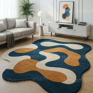Modern Irregular Abstract Rug – Hand Tufted Wavy Carpet for Living Room and Bedroom – Blue, Beige & Mustard Designer Statement Rug