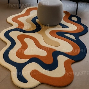 Hand-Tufted Wool Rug: Groovy Abstract Wavy Carpet, Retro Pop Art