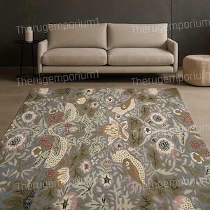 Hand-Tufted Floral Bird Rug Vintage Botanical Carpet for Living Room Nature-Inspired Boho Area Rug