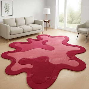 Abstract Pink Red Blob Rug – Modern Irregular Shape Carpet | Hand Tufted Contemporary Statement Rug for Living Room & Bedroom