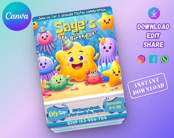 Modelo de convite de aniversário do Bob Esponja: design editável do Canva (download digital)