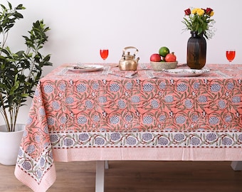 Orange Floral Tablecloth: Hand Block Printed Boho Cotton Table Linen