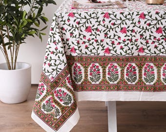 Rot Grün Floral Block Print Tischdecke: Boho Indische Baumwolle Tischwäsche