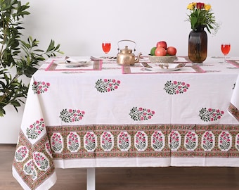 Red & Green Lotus Block Print Tablecloth: Boho Indian Dining Decor