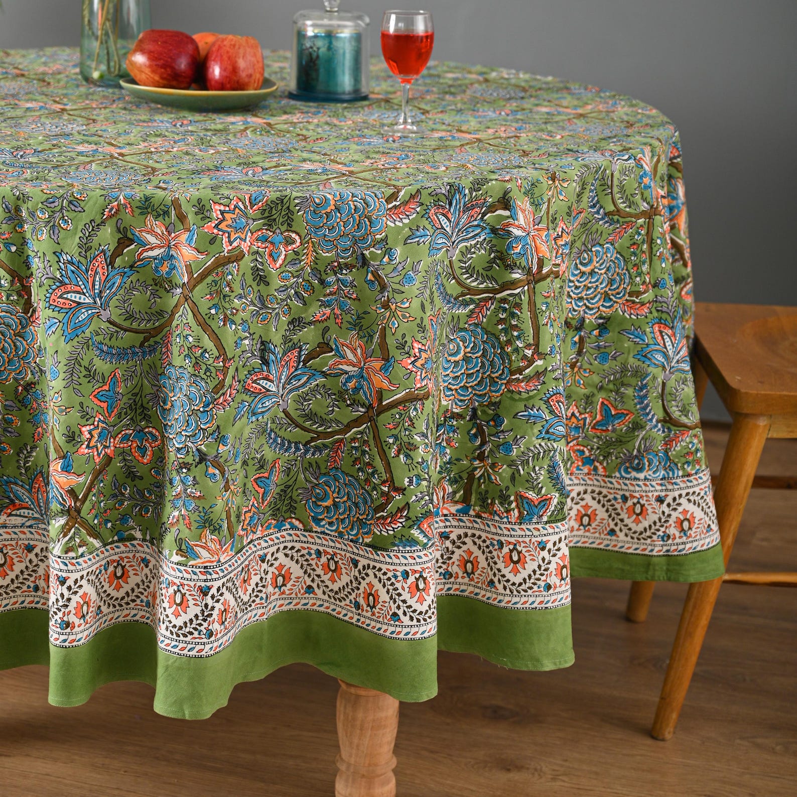 Green Tablecloth Pattern Green Floral Block Printed Round Tablecloth, 90 Inch - Etsy