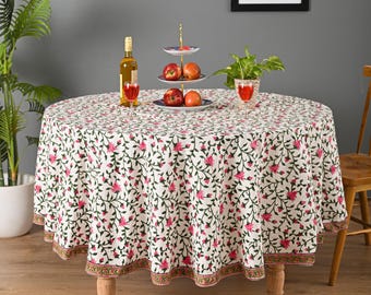 Block Printed Round Indian Tablecloth: Boho Floral Cotton Round Table Cover