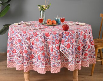 Rond tafelkleed met handblokprint: boho-gebloemd katoenen tafellinnen