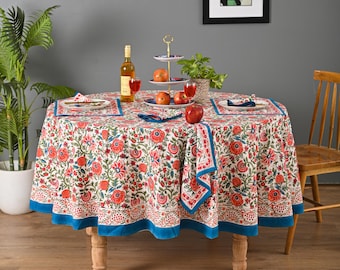 Block Print Tablecloth Red Green Round Table Cloth Bohemian Floral Printed Table Decor