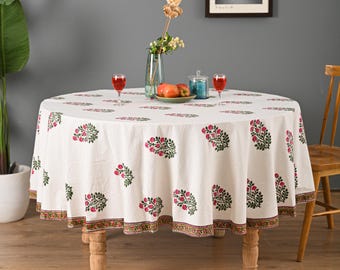 Hand Block Printed Round Tablecloth: Boho Floral Cotton Table Cover