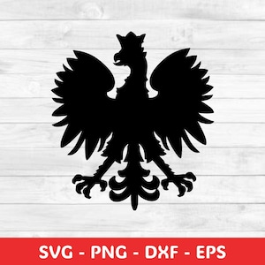 May include: A black silhouette of a crowned eagle with outstretched wings, a symbol of Poland. The image is set against a white wood grain background. The bottom of the image has the text "SVG - PNG - DXF - EPS" in white.