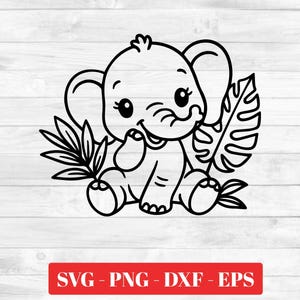 May include: A black and white line drawing of a cute baby elephant sitting with leaves. The elephant has large ears, a trunk, and is smiling. The image includes the text "SVG - PNG - DXF - EPS" in a red rectangle.
