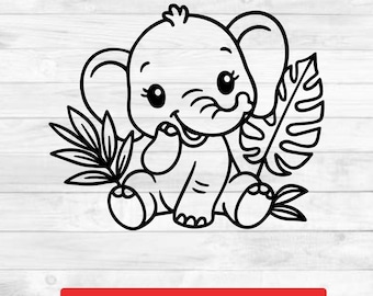 Baby Elephant SVG with Jungle Leaves | Cute Safari Animal Clipart | Cricut & Silhouette Cut File | DXF PNG eps