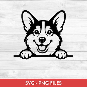 May include: A black and white graphic illustration of a Corgi dog face with large pointed ears, a wide smile, and two front paws resting on a horizontal line. The design features bold lines and high contrast, suitable for digital cutting files.
