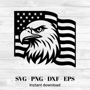 Könnte beinhalten: Schwarz-weiße Grafik einer amerikanischen Flagge mit einem Adlerkopf. Der Adler blickt nach links, mit ernstem Gesichtsausdruck. Die Flagge weht im Wind. Der Text unten lautet "SVG - PNG - DXF - EPS" und "Sofortiger Download."